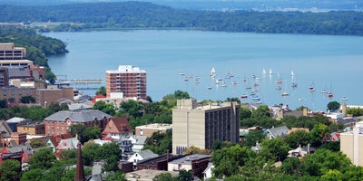 Looking west over downtown Madison, Wisconsin which includes Lake Mendota